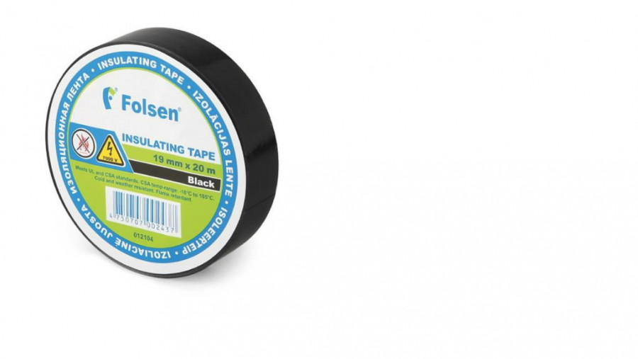 Folsen PVC teip 20mX19mm must -18°C+105°C 120µm 7000V